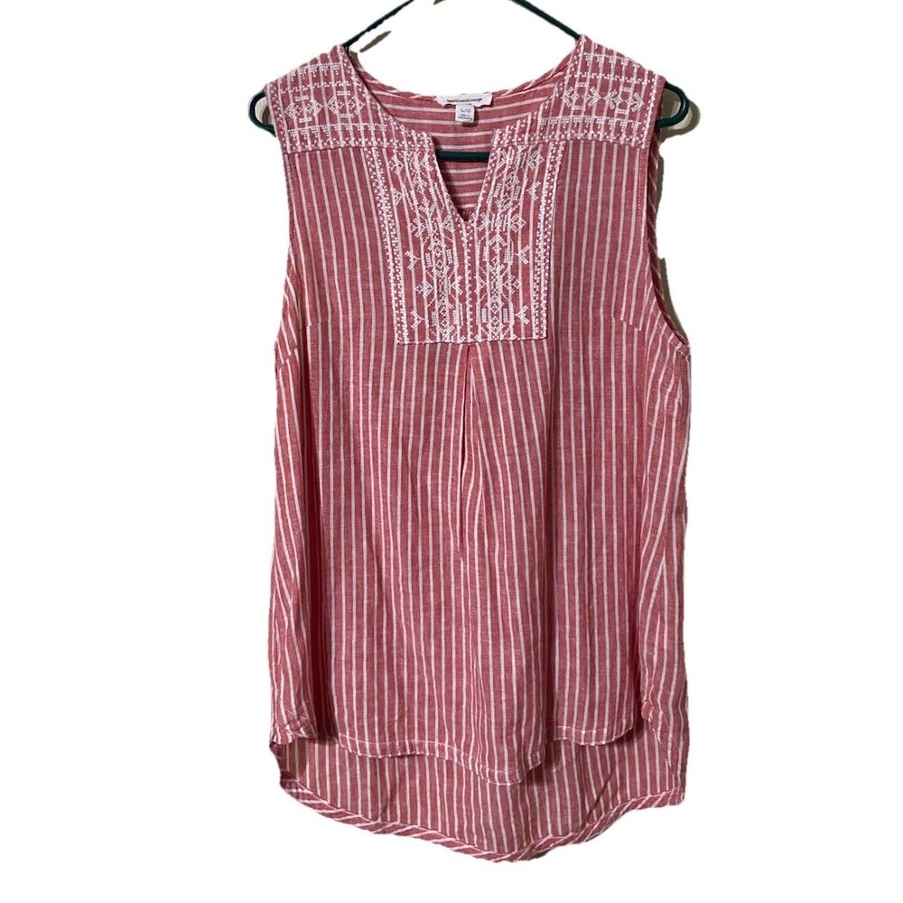 Beach Lunch Lounge Linen Cotton Blouse Red with White Stripes Embroidered NeckL